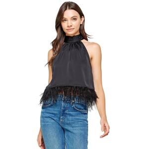 NWT Strut & Bolt Halter Neck Feather Trim Satin Top Size Large
